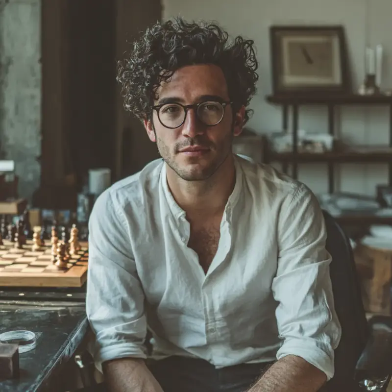 Adult chess student studying a position with focus and confidence